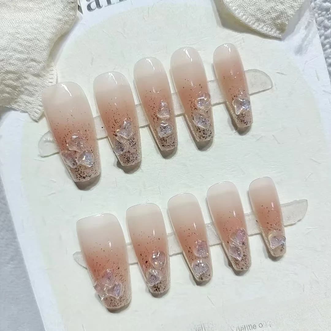 Press-On Nails with Heart Rhinestones Short and Medium Coffin Shape