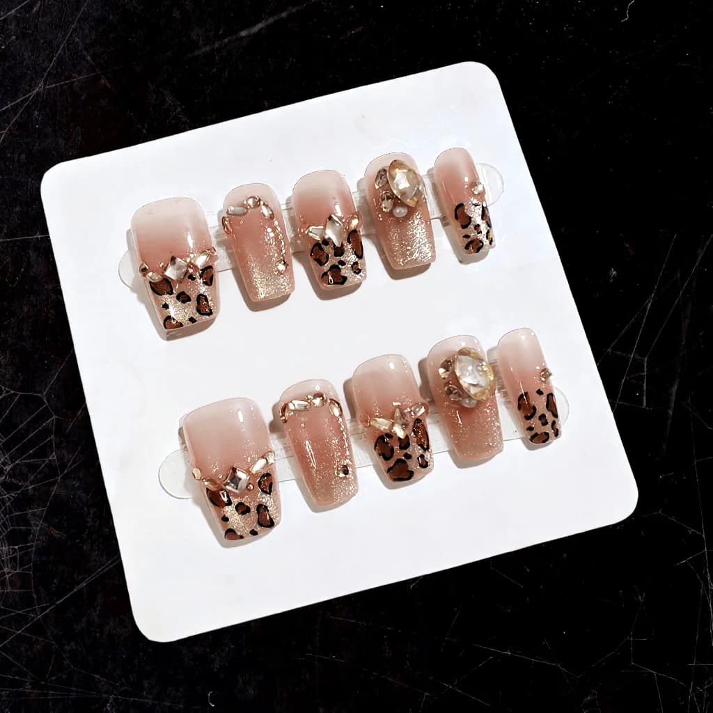 Leopard Print Press-On Nails with Rhinestones and Glitter