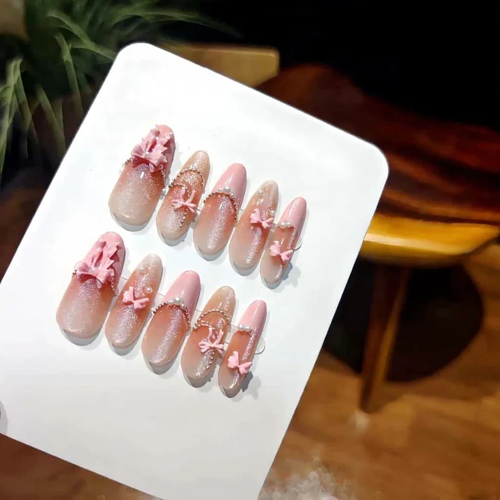 Press-On Nails Pink Lace Bow Cat Eye Long Stiletto