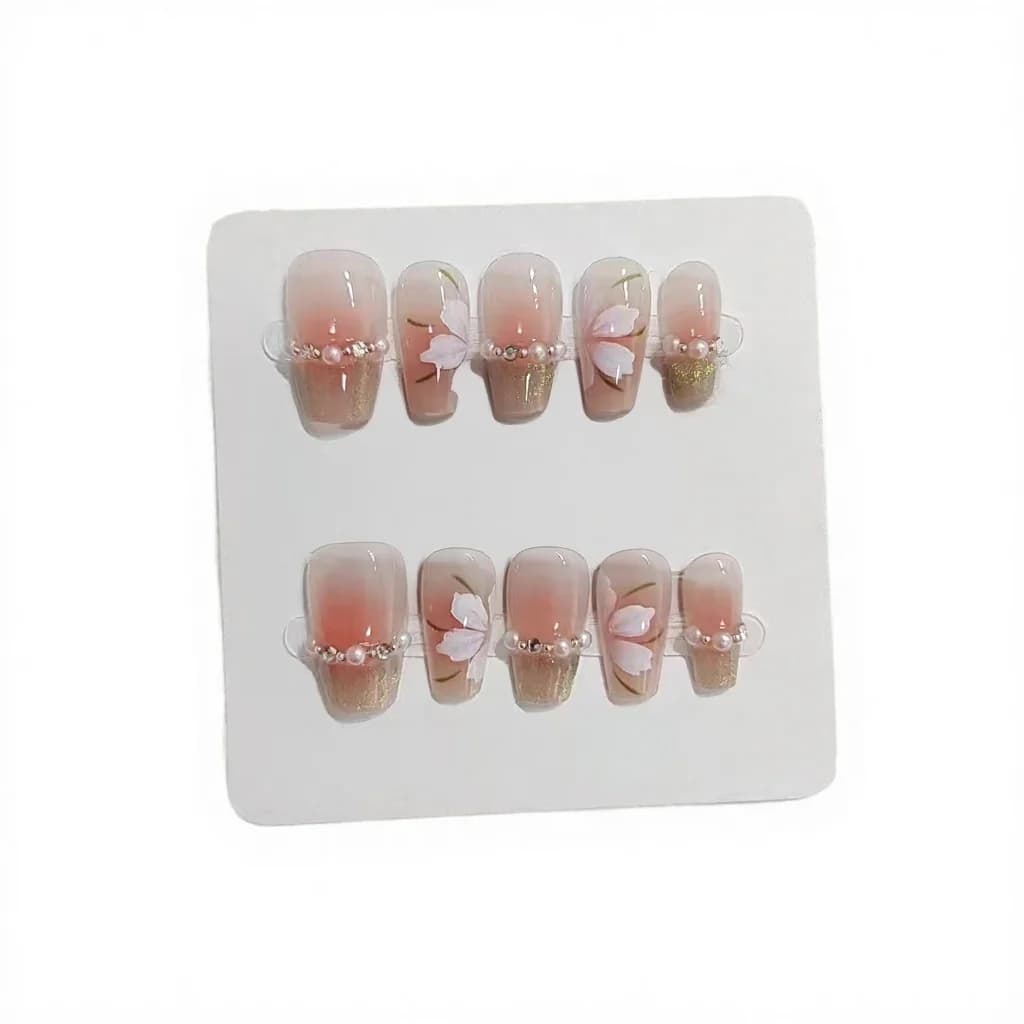 Green Cat Eye Press On Nails Short Square French Tip Floral Design