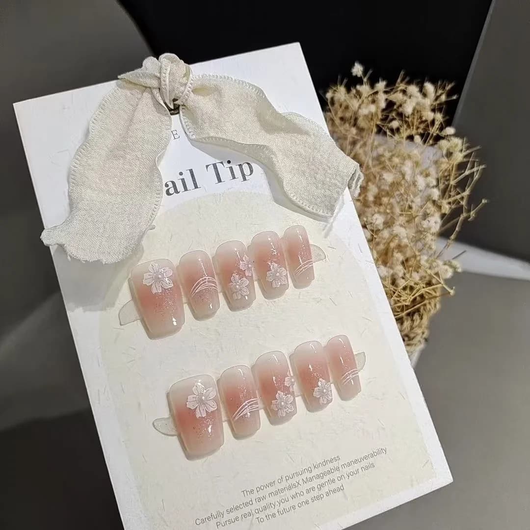Hand Painted Floral Press On Nails Short Coffin Shape Blush Design