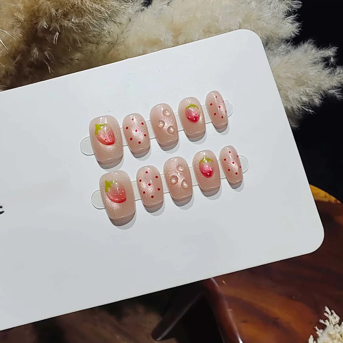 Berry Polka Dot Cat Eye Press On Nails Short Ballerina Shape