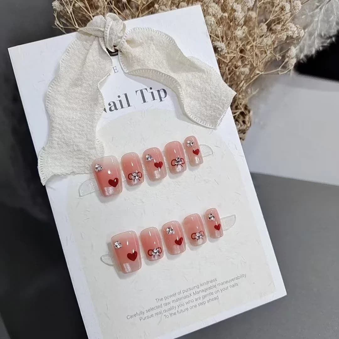 Short Square Press-On Nails Sweetheart French Tip with Hearts and Bows