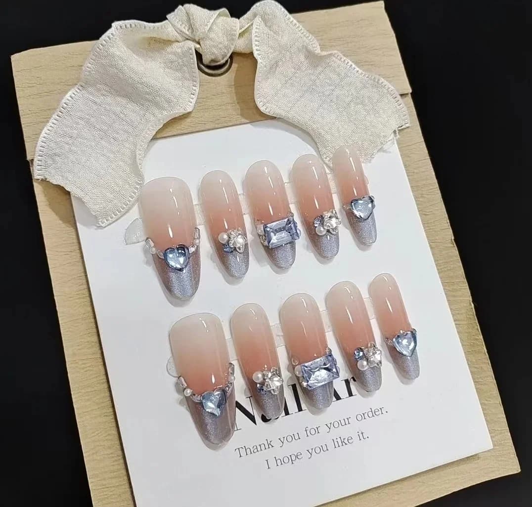 Blue Amber Cat Eye Press On Nails French Tip Rhinestone Long Oval
