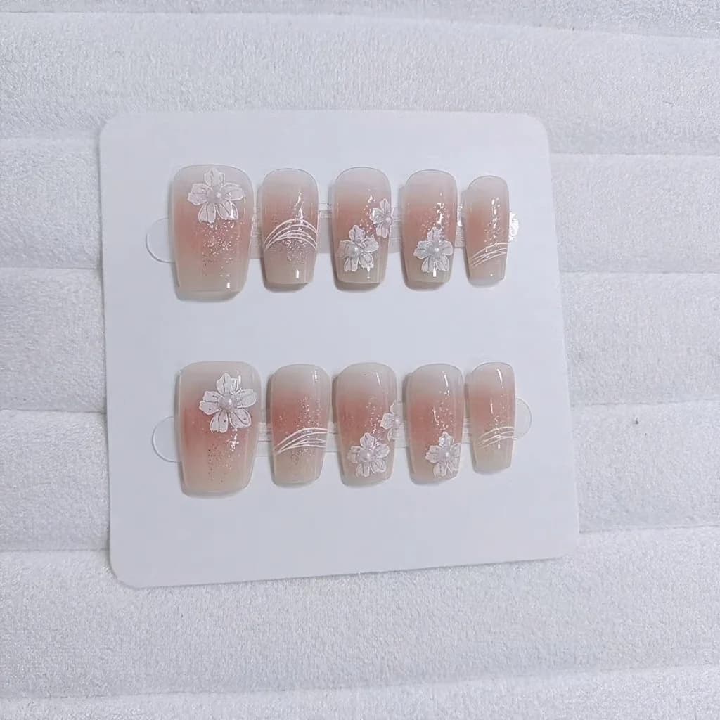 Hand Painted Floral Press On Nails Short Coffin Shape Blush Design