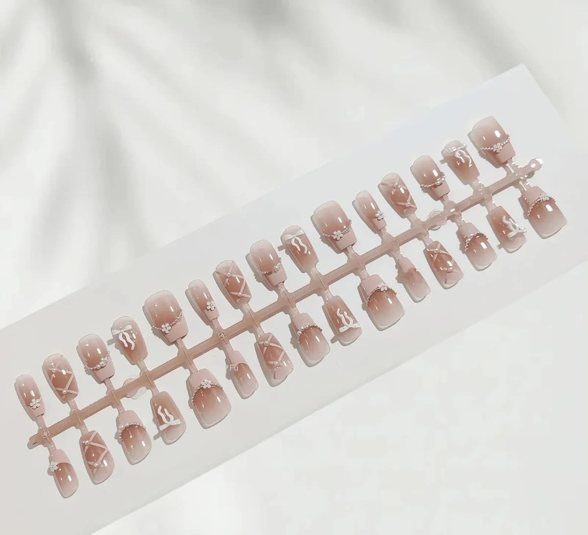 Pink French Tip Press On Nails with Chain Bow Design Short Square