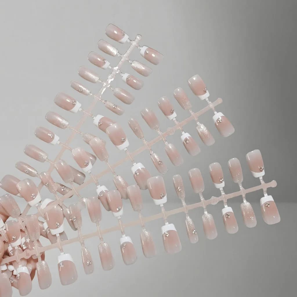 Press-On Nails French Tip with Rhinestones and Bow Design, Short Square Shape