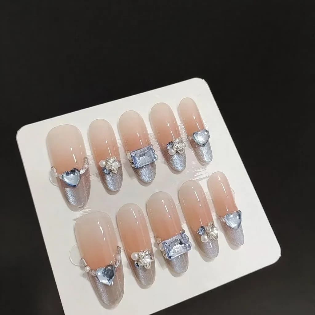 Blue Amber Cat Eye Press On Nails French Tip Rhinestone Long Oval