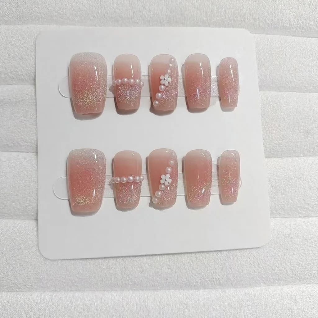 Short Trapezoid Press-On Nails with Rainbow Circles and Pearls, 10 Pieces