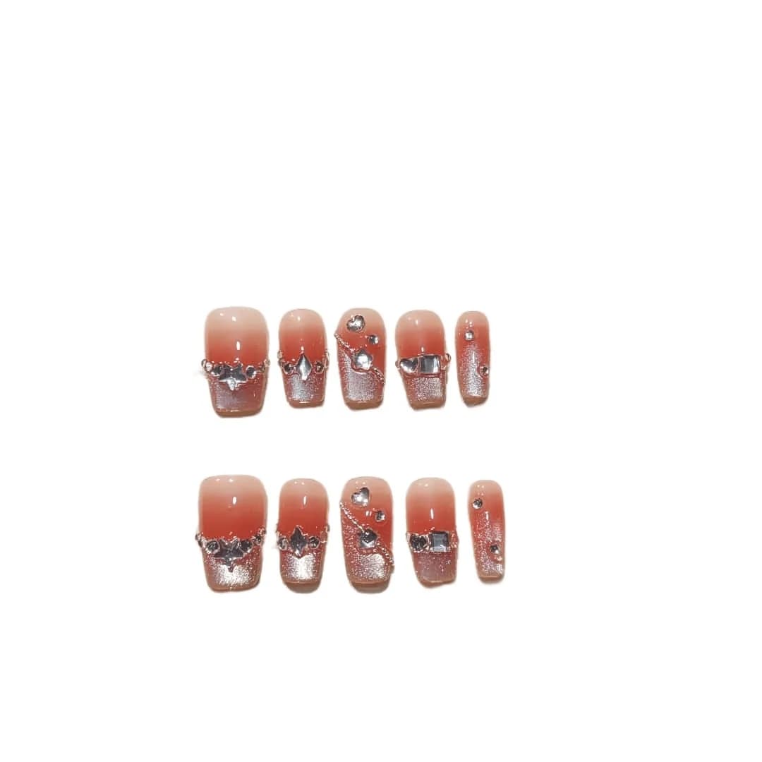 Short Square Press-On Nails Cat Eye Blush French Tip with Rhinestones