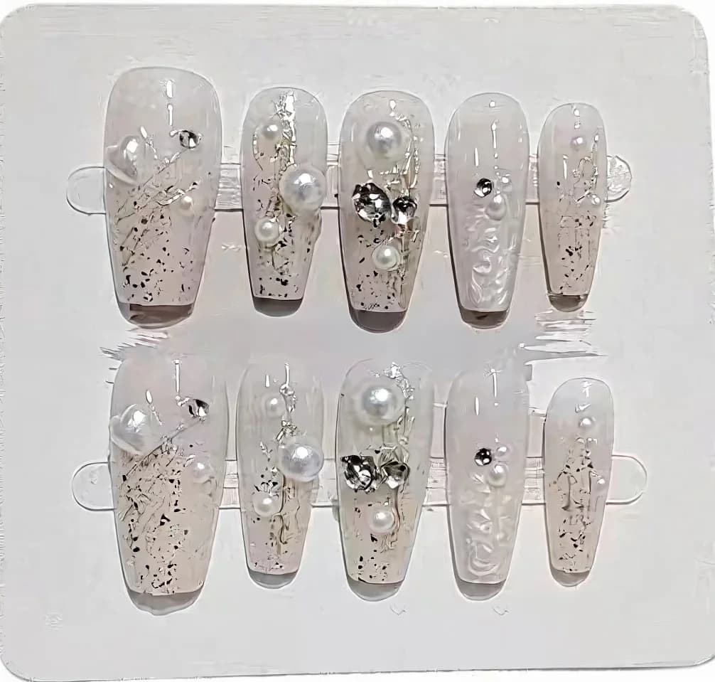 Press-On Nails with Pearls and Rhinestones, Medium Tapered Shape