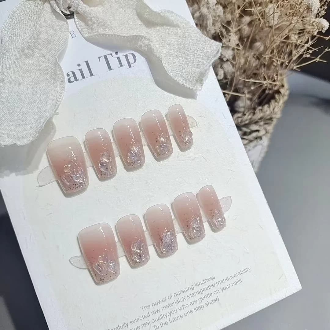 Press-On Nails with Heart Rhinestones Short and Medium Coffin Shape