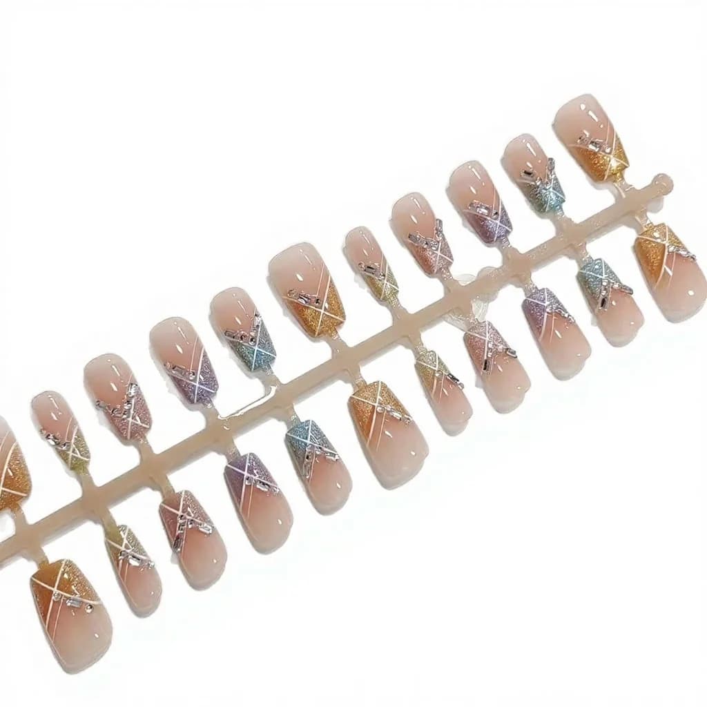 Candy Party Press-On Nails Short Square Rainbow Cat Eye Rhinestone