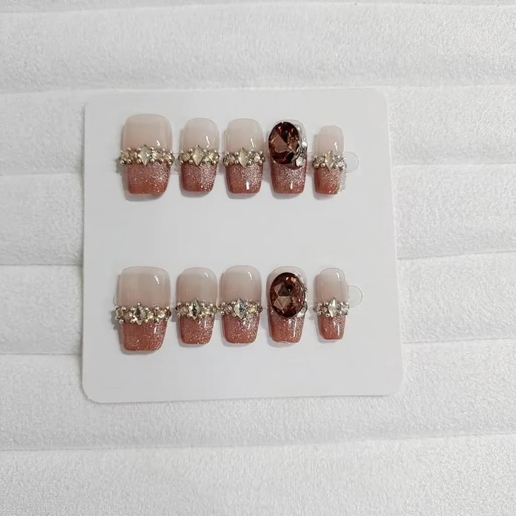Press-On Nails French Tip with Rhinestones Cat Eye Design