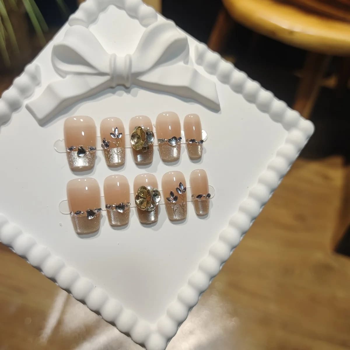 Rose Floral Glitter Press On Nails Short Coffin Shape Rhinestone Manicure