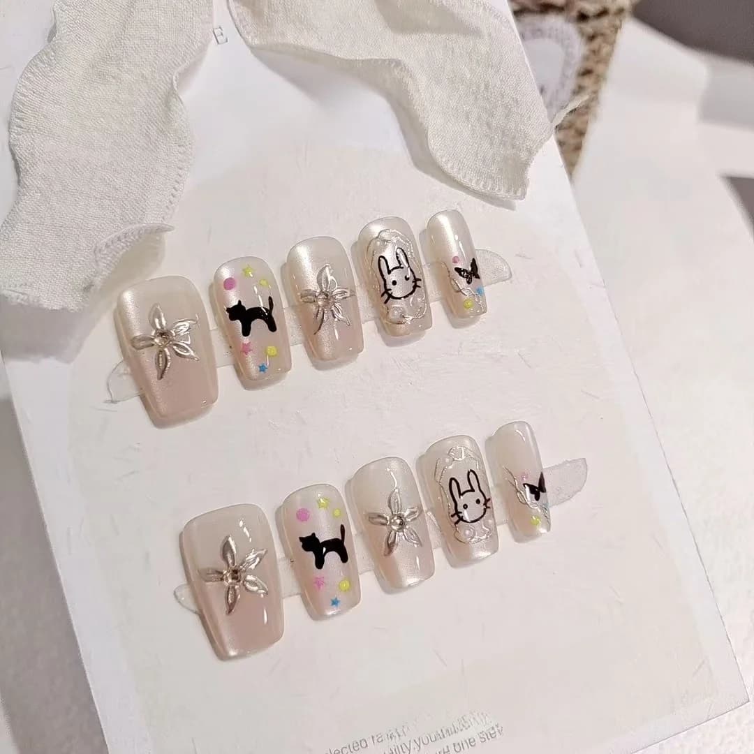 Cute Black Cat and Rabbit Press-On Nails, Short Coffin Shape