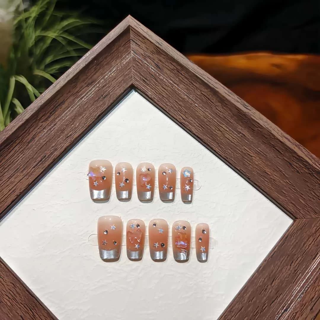 Starry Rain Cat Eye Press On Nails Glitter French Tip Fake Nails