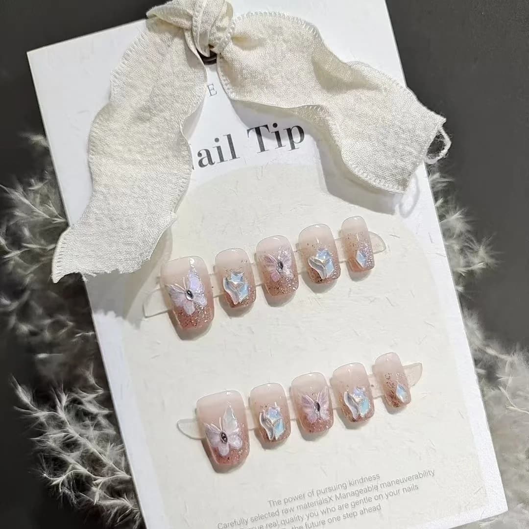 Butterfly Rhinestone Press-On Nails Short Coffin Shape 10 Pcs
