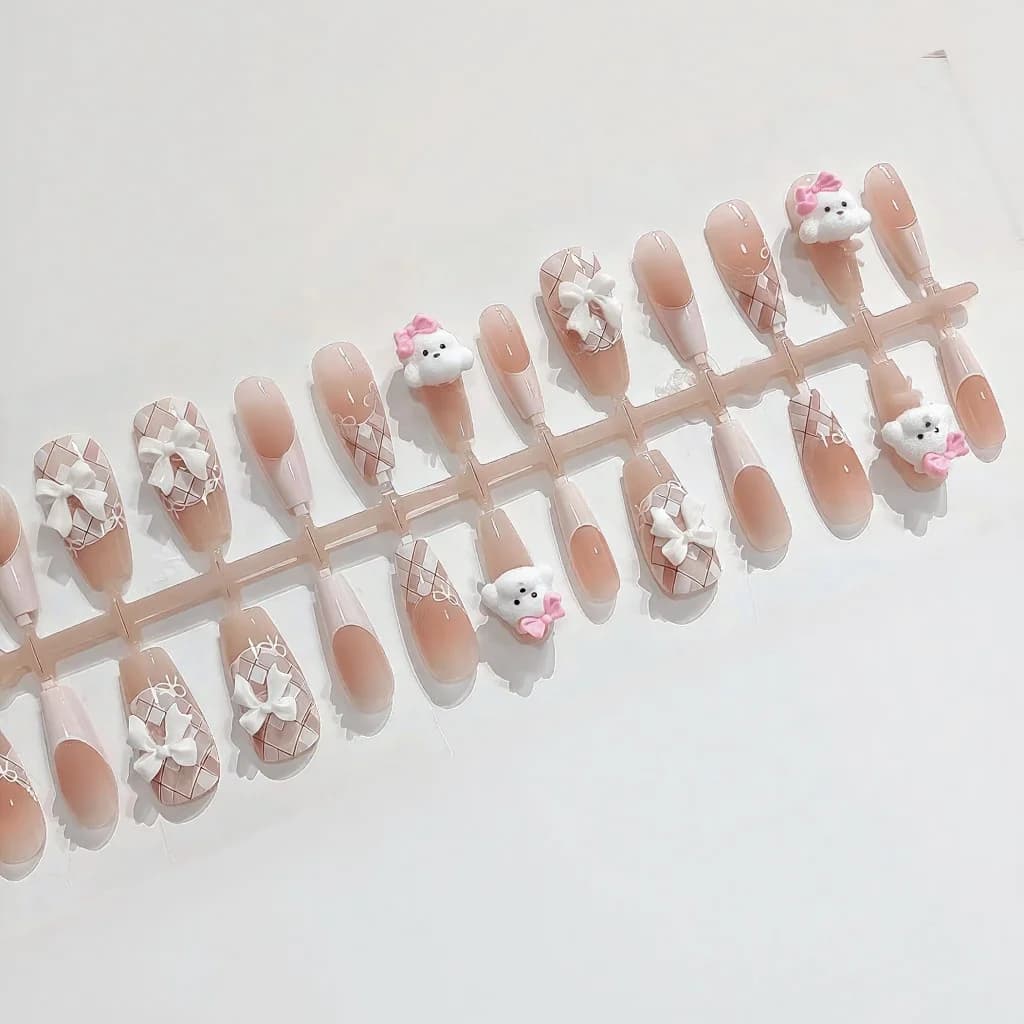 Teddy Dog Press-On Nails, Cute French Tip Design, 30 Pieces