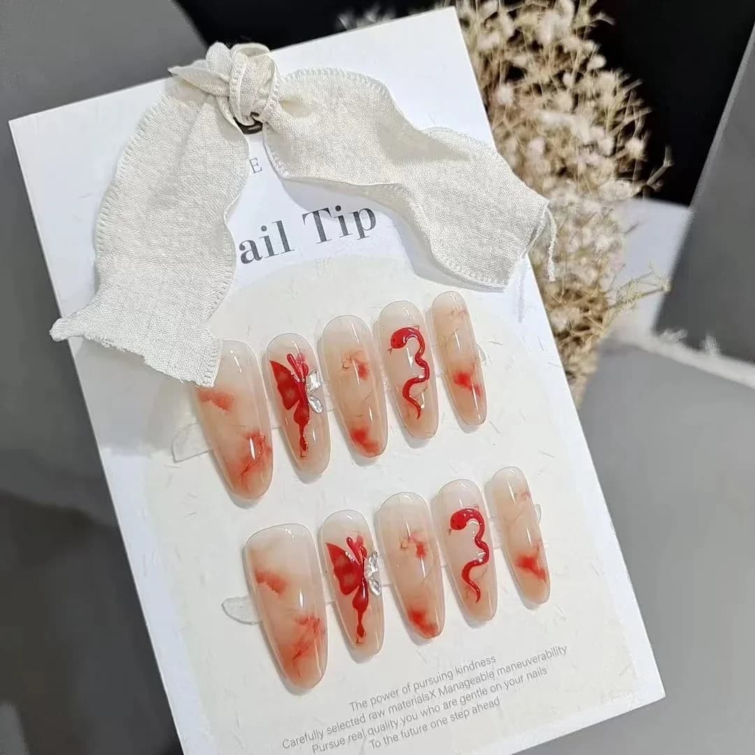Handmade Press-On Nails Butterfly and Snake Design Long Almond Shape