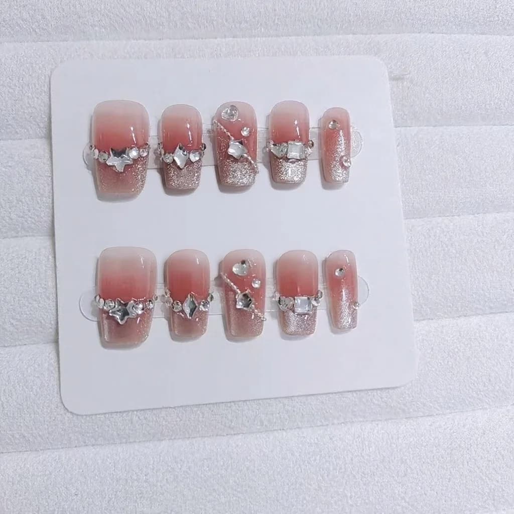 Press-On Nails with Heart Pattern and Glitter Finish