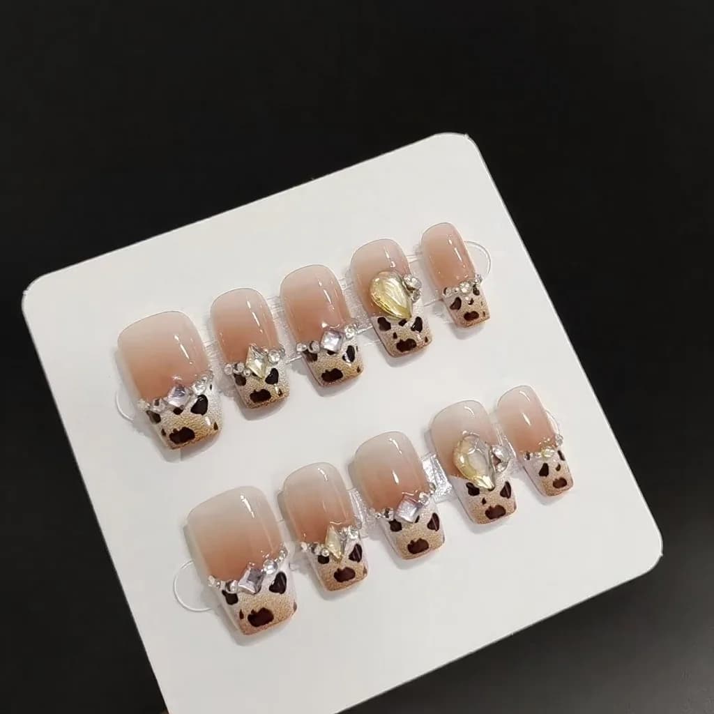 Cheese Leopard Print Press-On Nails with Rhinestones Short Coffin Shape