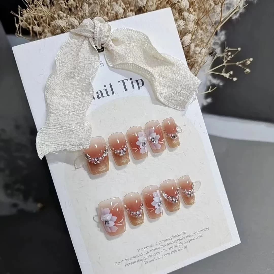 Floral Cat Eye Press On Nails with Rhinestones, Short Coffin Shape