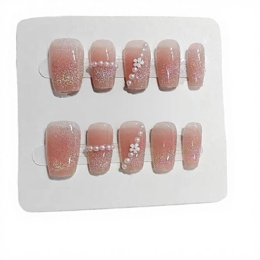 Short Trapezoid Press-On Nails with Rainbow Circles and Pearls, 10 Pieces
