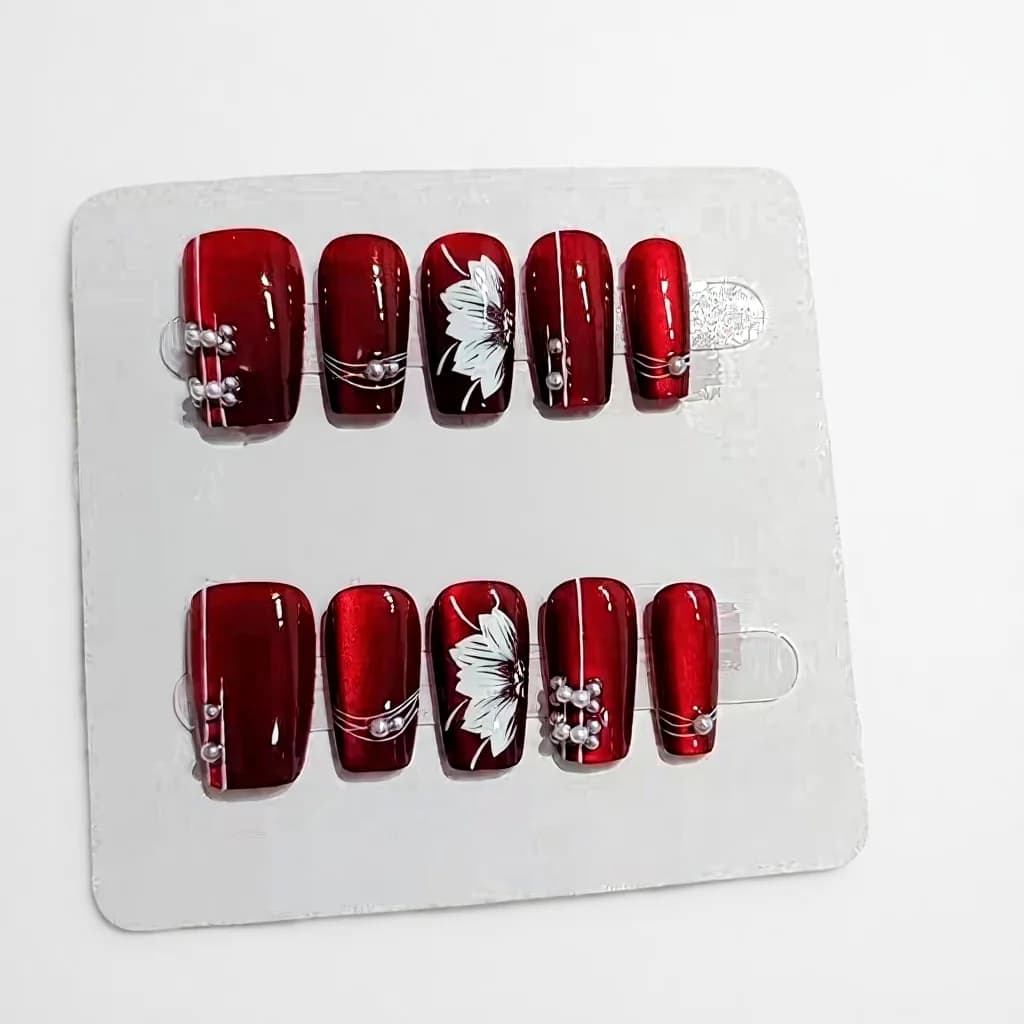 Red Floral Press-On Nails Medium Coffin Shape Glitter Finish 10 Pieces