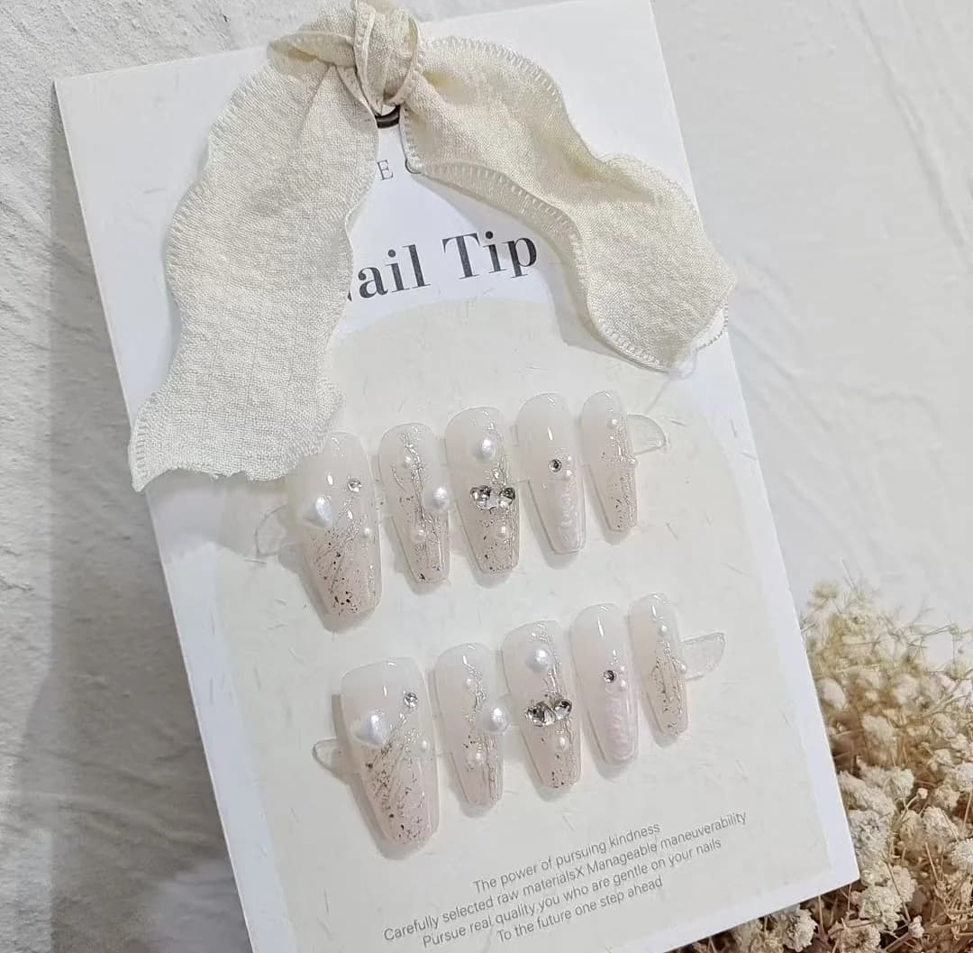 Press-On Nails with Pearls and Rhinestones, Medium Tapered Shape