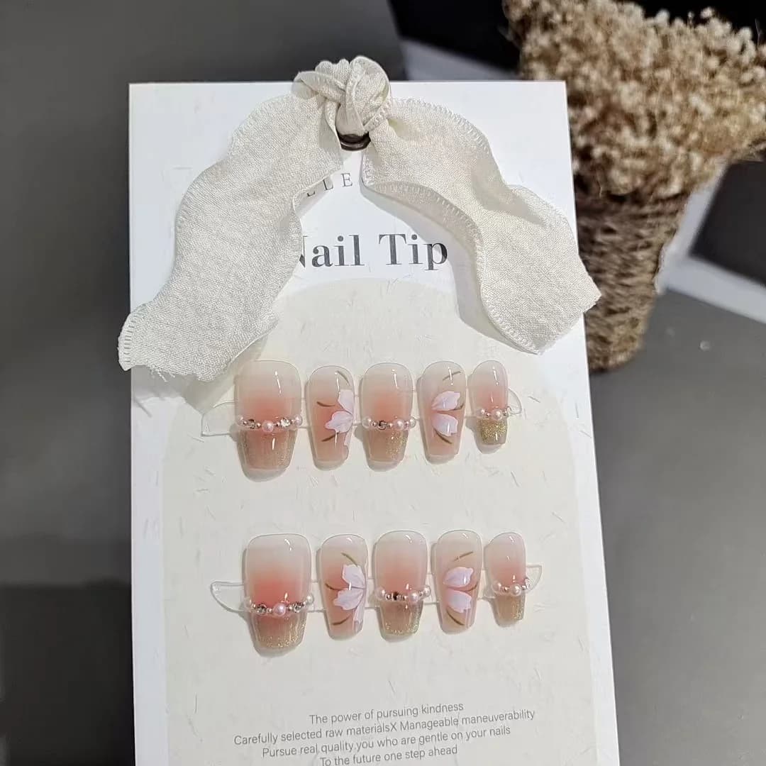 Green Cat Eye Press On Nails Short Square French Tip Floral Design
