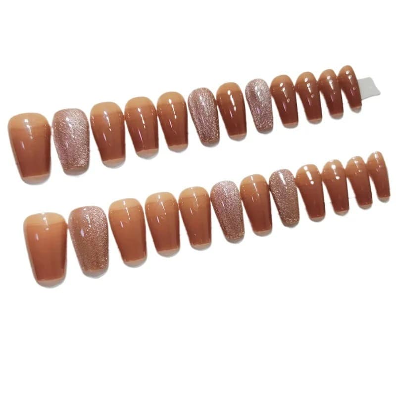 Brown Cat Eye Press On Nails Medium Coffin Shape Autumn Winter Style