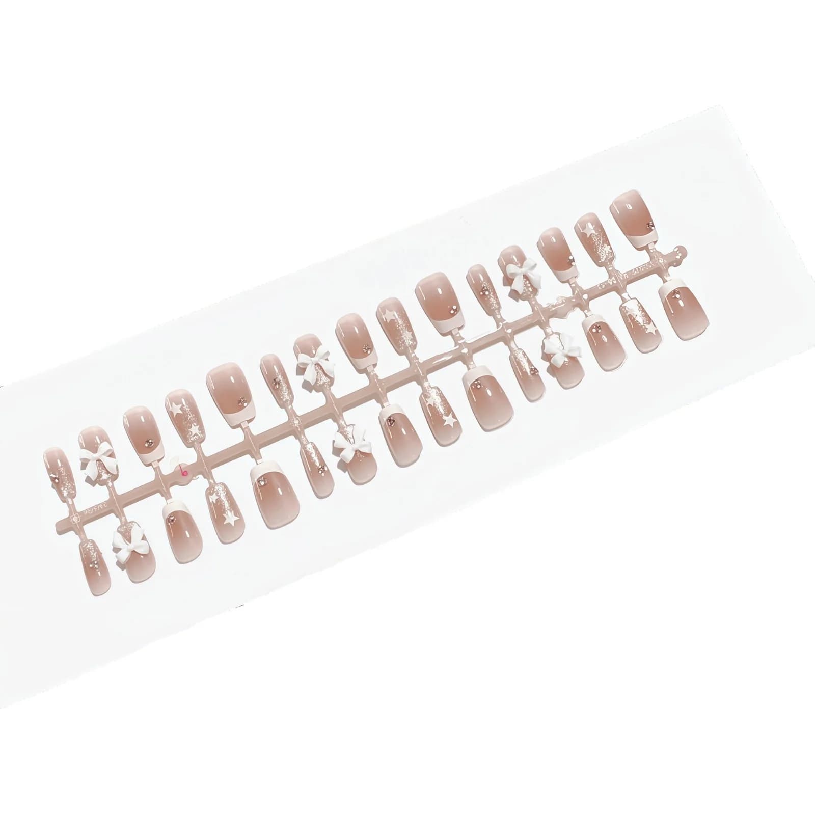 Press-On Nails French Tip with Rhinestones and Bow Design, Short Square Shape