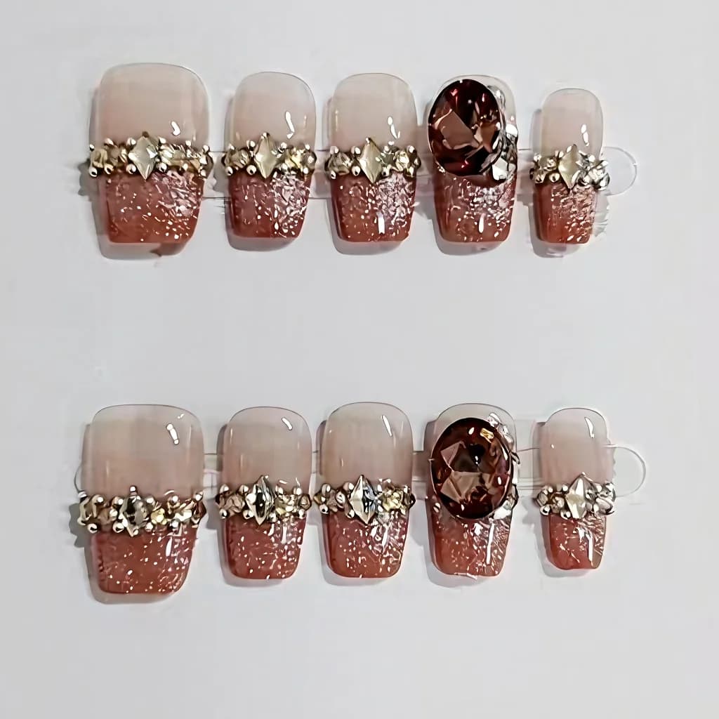 Press-On Nails French Tip with Rhinestones Cat Eye Design