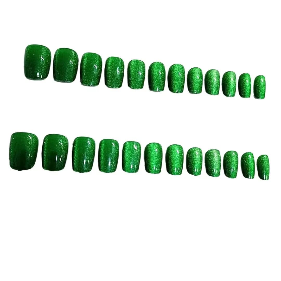 Emerald Cat Eye Press On Nails Short Coffin Shape 24 Pieces