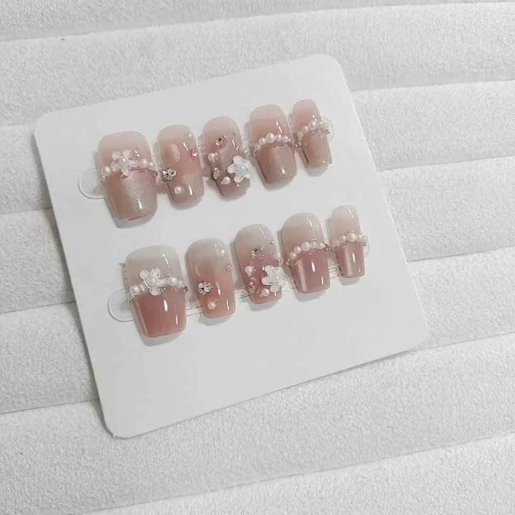White Camellia Cat Eye Press On Nails with Pearl Accents