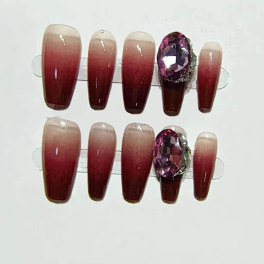 Press-On Nails Cinnabar Red Ombre Gradient Medium Coffin Shape