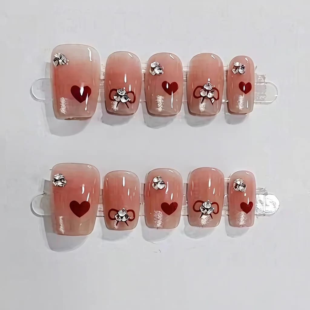 Short Square Press-On Nails Sweetheart French Tip with Hearts and Bows