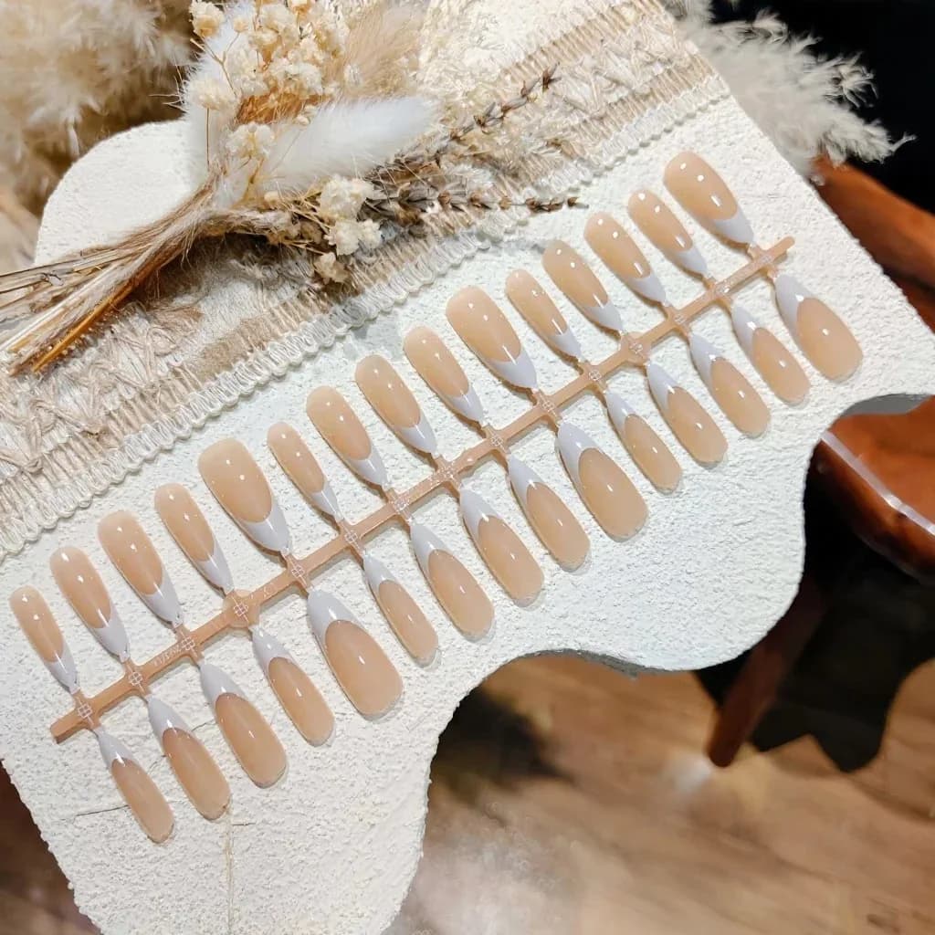 Grey White French Tip Press On Nails Long Almond Shape Full Size Set