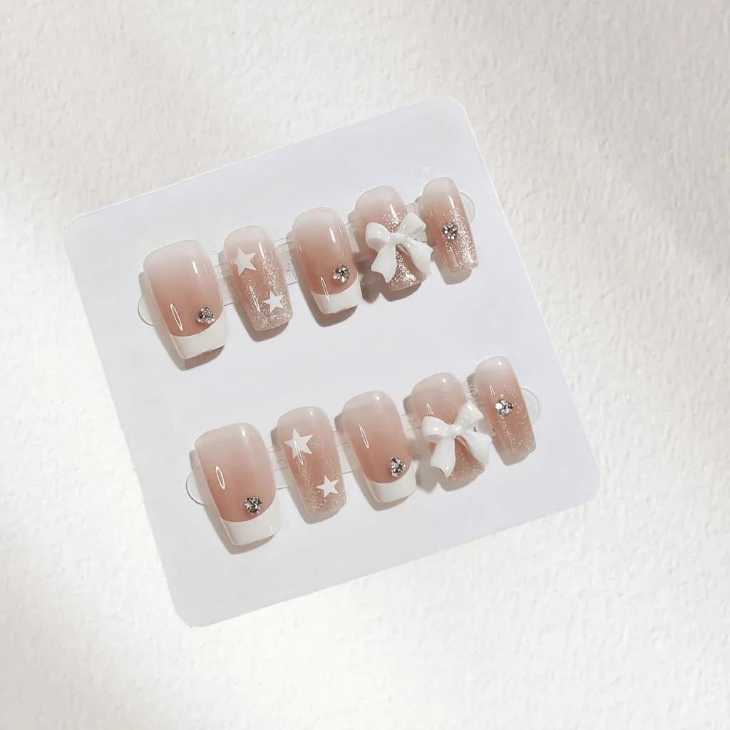 Press-On Nails French Tip with Rhinestones and Bow Design, Short Square Shape