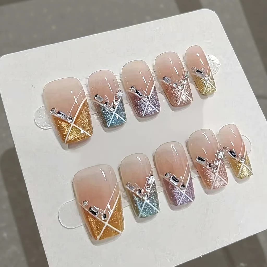 Candy Party Press-On Nails Short Square Rainbow Cat Eye Rhinestone