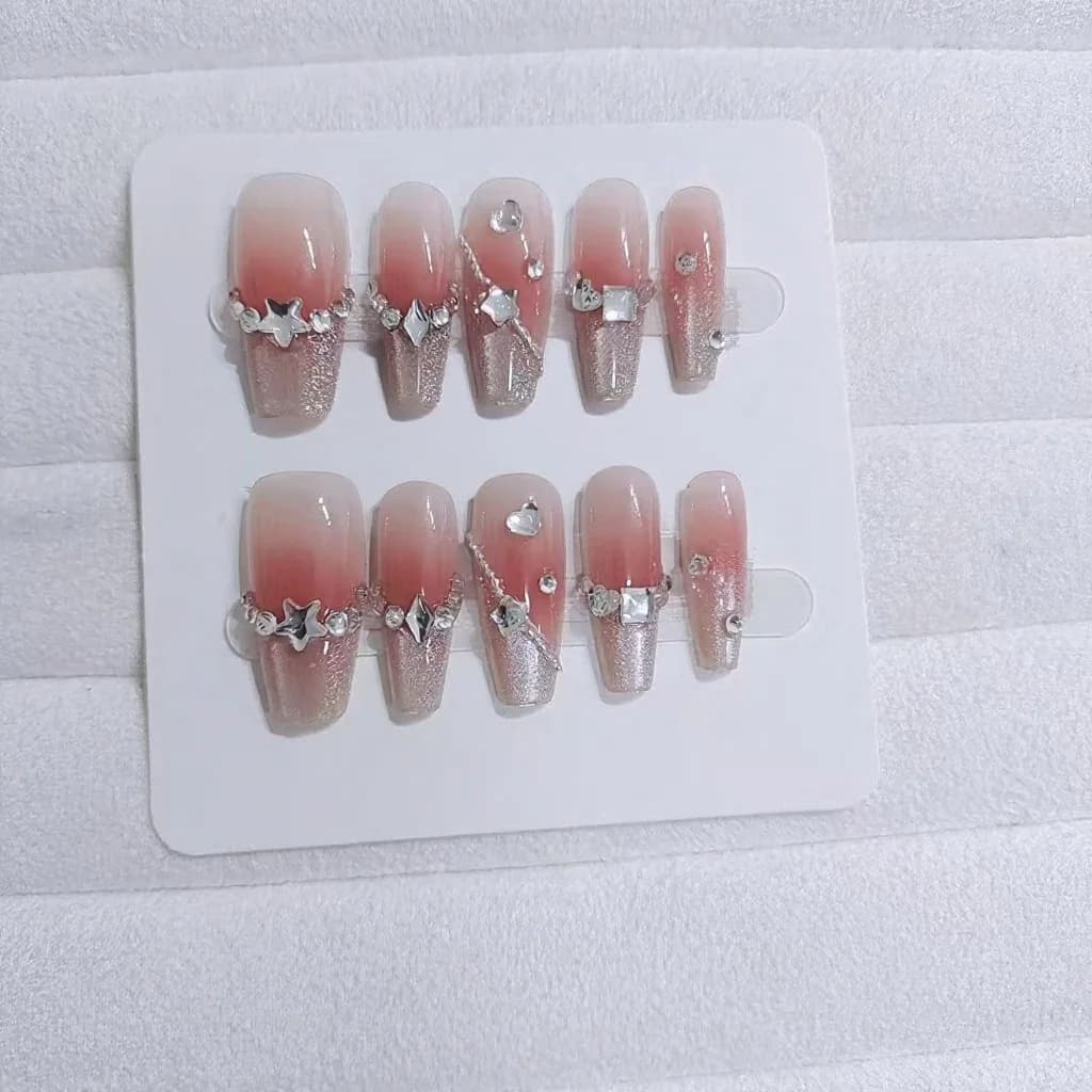 Press-On Nails with Heart Design, Glitter Finish, Medium Coffin Shape