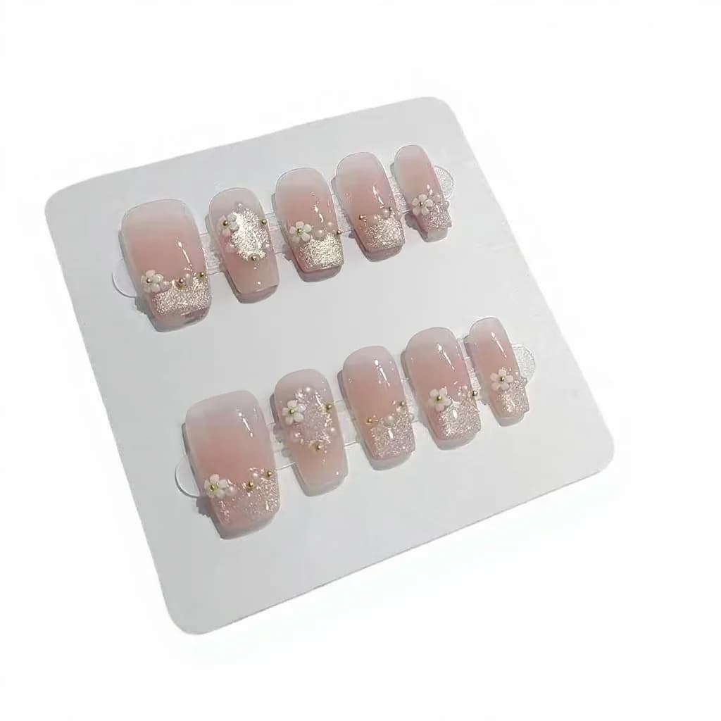 Press-On Nails Short Coffin Floral Rhinestone Design 10 Pieces