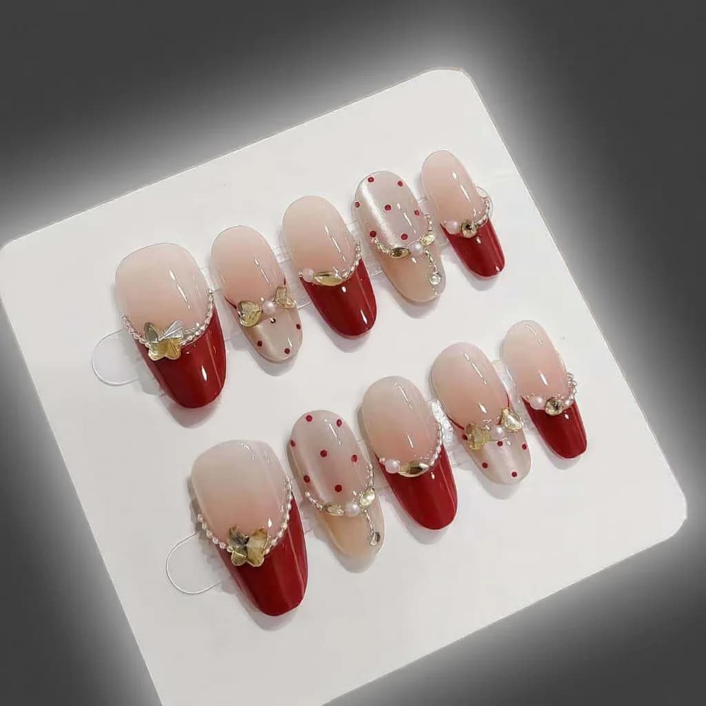 Red Cat Eye Press On Nails with Rhinestones Medium Oval