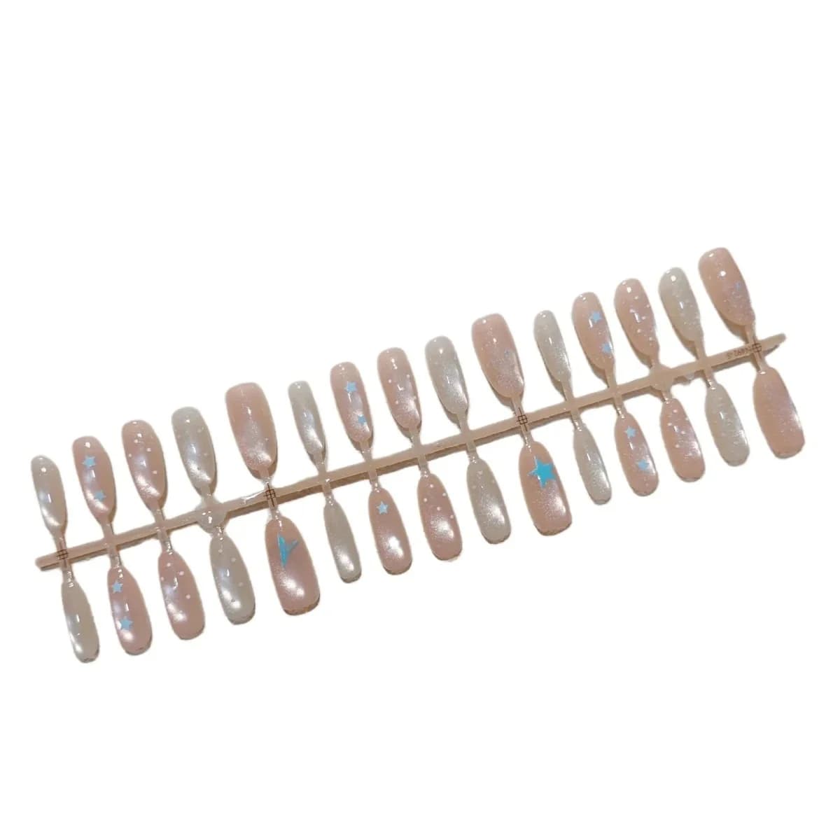 Cat Eye Press-On Nails Light Peach Starry Design 30 Pieces
