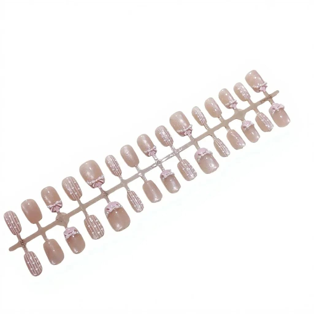 Ballet Dream Press-On Nails Pink Bow Cat Eye Glitter Manicure Set