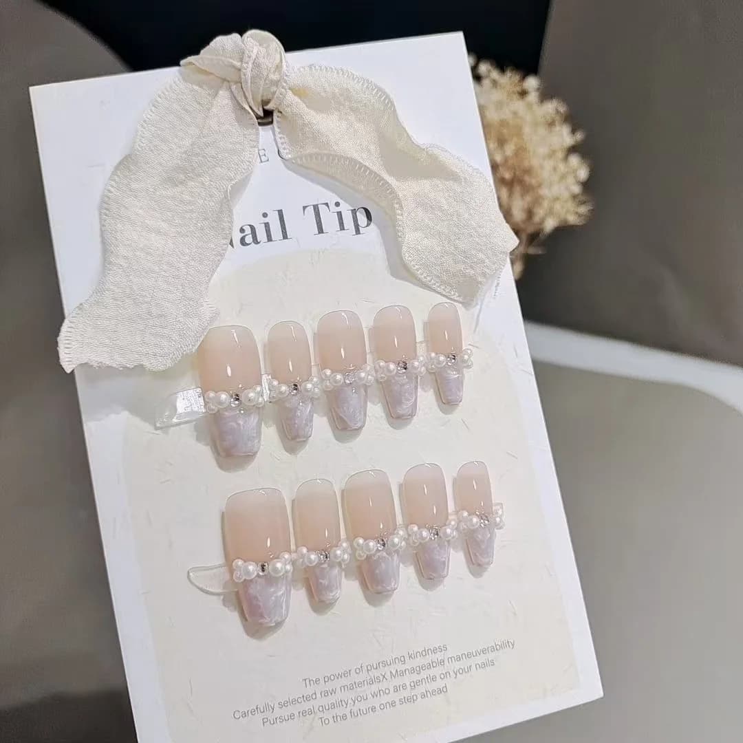 Mother of Pearl Threaded Press On Nails with Pearls and Rhinestones