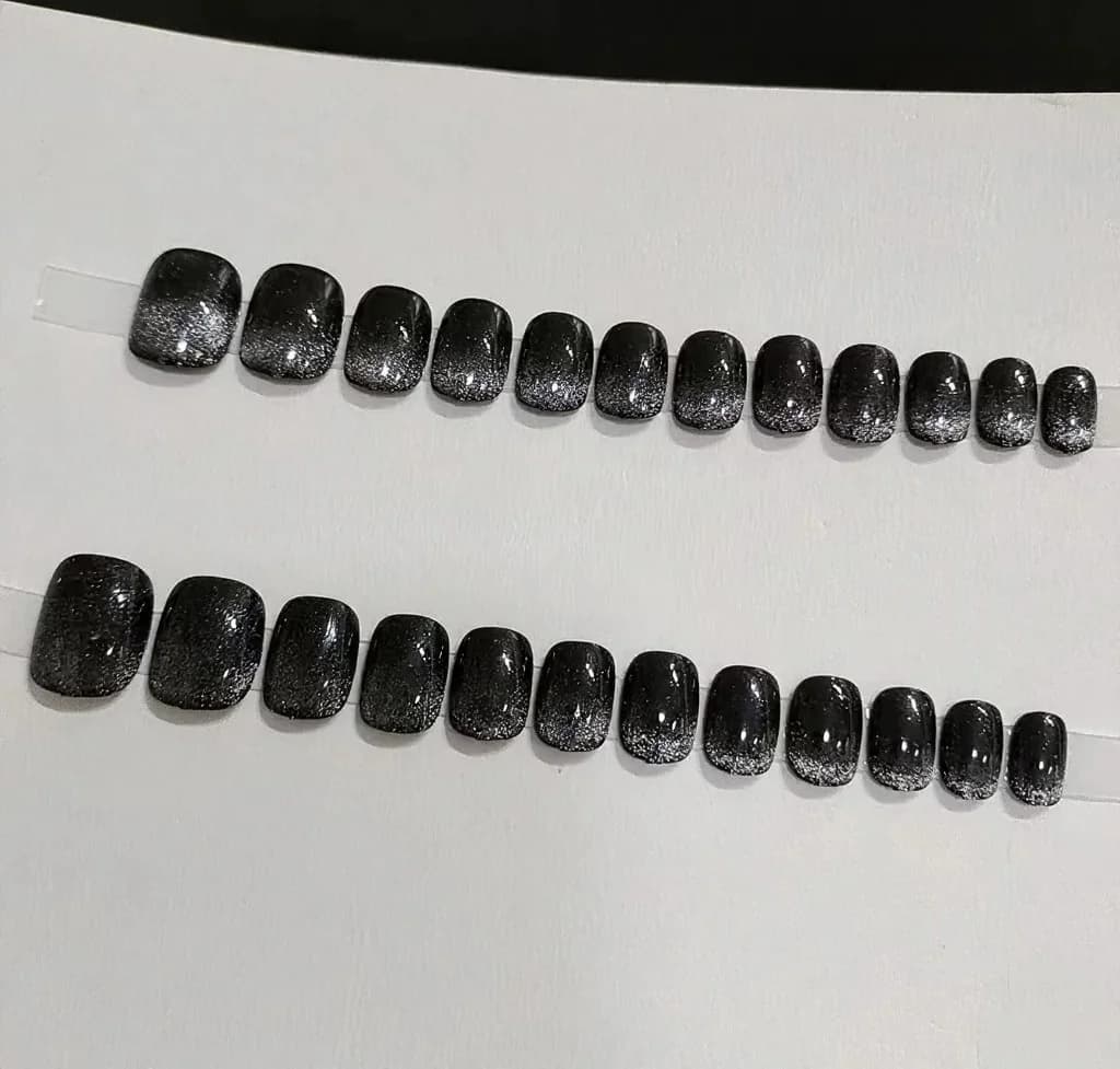 Short Black Crystal Cat Eye Press On Nails Glitter Finish