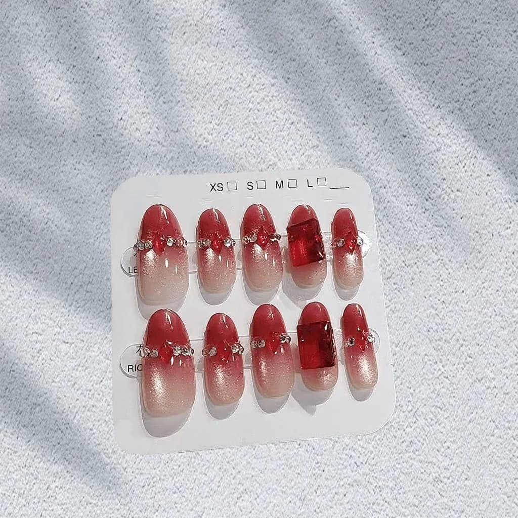 Red Rhinestone Cat Eye Press On Nails Medium Oval 30 Pieces