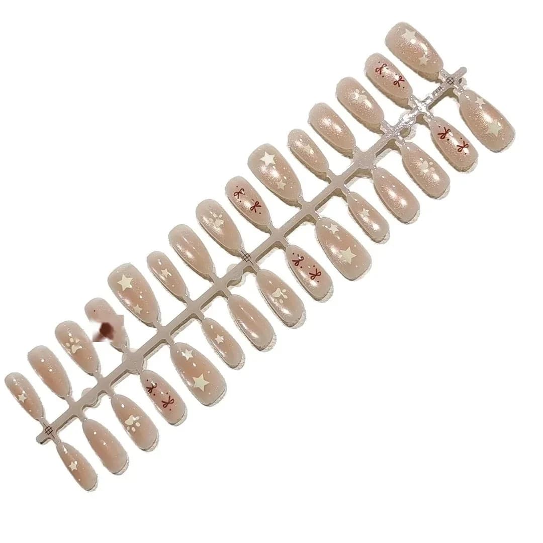 Nude Pink Cat Eye Press On Nails with Bow and Star Beads